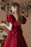Red Satin Tea Length Short Sleeves Party Dress, Homecoming Dress HZ0509