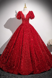 V Neck Sequins Long Prom Dress, A Line Short Sleeve Party Dress HZ0509