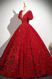 V Neck Sequins Long Prom Dress, A Line Short Sleeve Party Dress HZ0509