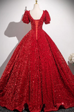 V Neck Sequins Long Prom Dress, A Line Short Sleeve Party Dress HZ0509