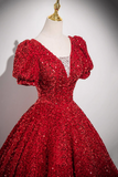 V Neck Sequins Long Prom Dress, A Line Short Sleeve Party Dress HZ0509