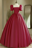 Line Puff Sleeves Burgundy Long Prom Dress, Long Formal Dress HZ0509