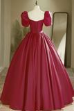 Line Puff Sleeves Burgundy Long Prom Dress, Long Formal Dress HZ0509
