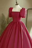Line Puff Sleeves Burgundy Long Prom Dress, Long Formal Dress HZ0509
