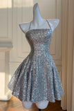 Sliver Grey Short Sequins Straps Homecoming Dress, Short Prom Dress HZ0509