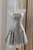 Sliver Grey Short Sequins Straps Homecoming Dress, Short Prom Dress HZ0509