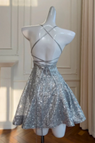 Sliver Grey Short Sequins Straps Homecoming Dress, Short Prom Dress HZ0509