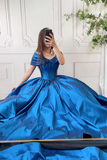 Satin Long Prom Dress with Corset, Beautiful Off the Shoulder Evening Party Dress HZ0509