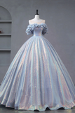 Tulle and Sequins Off Shoulder Party Dress, Long Formal Prom Dress HZ0509