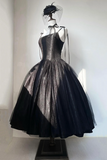 Spaghetti Strap Tulle Tea Length Prom Dress, Black A Line Party Dress HZ0509