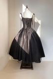 Spaghetti Strap Tulle Tea Length Prom Dress, Black A Line Party Dress HZ0509