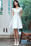 Satin Simple Knee Length Homecoming Dress, White Graudation Dress HZ0509