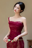 Red Tulle and Lace One Shoulder Party Dress, A Line Wedding Party Dress HZ0509