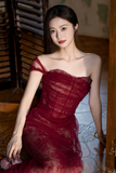Red Tulle and Lace One Shoulder Party Dress, A Line Wedding Party Dress HZ0509
