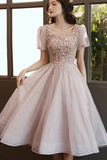 Tulle Short Sleeves Beaded Knee Length Party Dress, Homecoming Dress HZ0509