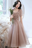 Tulle Short Sleeves Beaded Knee Length Party Dress, Homecoming Dress HZ0509