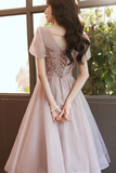 Tulle Short Sleeves Beaded Knee Length Party Dress, Homecoming Dress HZ0509