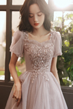 Tulle Short Sleeves Beaded Knee Length Party Dress, Homecoming Dress HZ0509