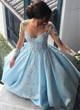 Satin Sheer Jewel Neckline Long Sleeves Wedding Dresses With Lace Appliques HZ0509