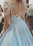 Satin Sheer Jewel Neckline Long Sleeves Wedding Dresses With Lace Appliques HZ0509