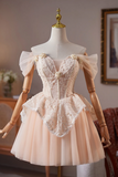 Line Off Shoulder Tulle Lace Champagne Pink Short Prom Dress, Homecoming Dress HZ0509