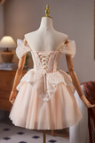 Line Off Shoulder Tulle Lace Champagne Pink Short Prom Dress, Homecoming Dress HZ0509
