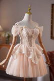 Line Off Shoulder Tulle Lace Champagne Pink Short Prom Dress, Homecoming Dress HZ0509
