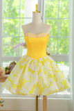 Line Short Yellow Prom Dresses, Floral Formal Homecoming Dresses HZ0509