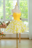 Line Short Yellow Prom Dresses, Floral Formal Homecoming Dresses HZ0509