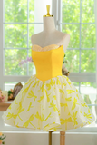 Line Short Yellow Prom Dresses, Floral Formal Homecoming Dresses HZ0509