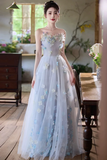 Tulle Flowers Long Prom Dress, Blue A Line Strapless Party Dress HZ0509