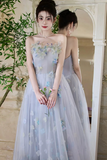Tulle Flowers Long Prom Dress, Blue A Line Strapless Party Dress HZ0509