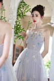 Tulle Flowers Long Prom Dress, Blue A Line Strapless Party Dress HZ0509