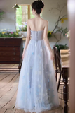Tulle Flowers Long Prom Dress, Blue A Line Strapless Party Dress HZ0509