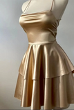 Short Champagne Satin Straps Short Party Dress, Homecoming Dress HZ0509