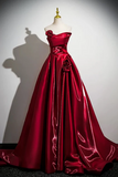Line Off Shoulder Satin Burgundy Long Prom Dress, Long Formal Dress HZ0509