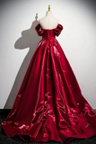 Line Off Shoulder Satin Burgundy Long Prom Dress, Long Formal Dress HZ0509