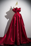Line Off Shoulder Satin Burgundy Long Prom Dress, Long Formal Dress HZ0509