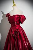 Line Off Shoulder Satin Burgundy Long Prom Dress, Long Formal Dress HZ0509