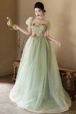 Line Puff Sleeves Tulle Flower Green Long Prom Dress, Long Formal Dress HZ0509