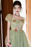 Line Puff Sleeves Tulle Flower Green Long Prom Dress, Long Formal Dress HZ0509