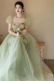 Line Puff Sleeves Tulle Flower Green Long Prom Dress, Long Formal Dress HZ0509