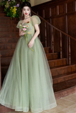 Line Puff Sleeves Tulle Flower Green Long Prom Dress, Long Formal Dress HZ0509