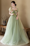 Line Puff Sleeves Tulle Flower Green Long Prom Dress, Long Formal Dress HZ0509