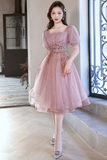 Short Sleeves Tulle with Lace Homecoming Dress, Short Prom Dress HZ0509