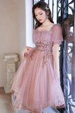 Short Sleeves Tulle with Lace Homecoming Dress, Short Prom Dress HZ0509