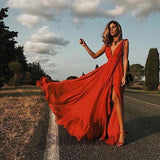 Sexy Simple Deep V neck Side Split Chiffon Prom Dresses HZ0509
