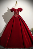 Red Velvet Off Shoulder Long Prom Dress, Sweetheart Party Evening Dress HZ0509