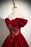 Red Velvet Off Shoulder Long Prom Dress, Sweetheart Party Evening Dress HZ0509