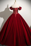 Red Velvet Off Shoulder Long Prom Dress, Sweetheart Party Evening Dress HZ0509